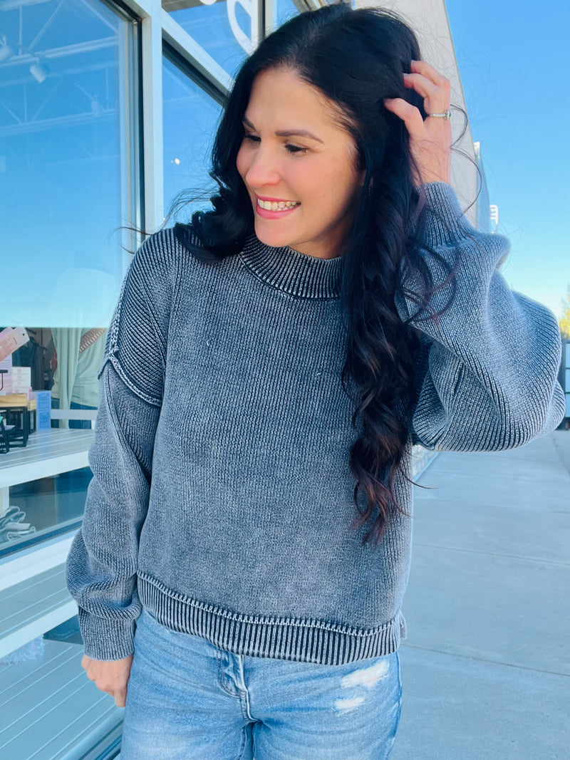 Washed Mock Neck Sweater - Navy