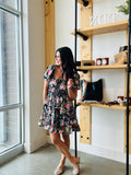 Floral Front Tie Tiered Mini Dress in Navy