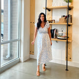 Floral V Neck Smocked Midi Dress - Blue Floral