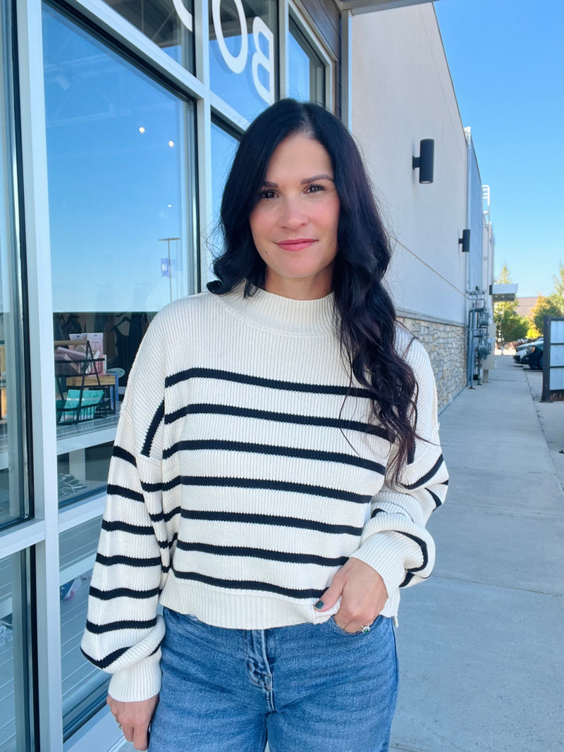 Stripe Mock Neck Drop Shoulder Sweater - Ivory/Black Stripe