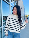 Stripe Mock Neck Drop Shoulder Sweater - Ivory/Black Stripe