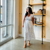 Floral V Neck Smocked Midi Dress - Blue Floral