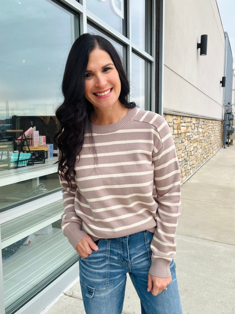 Striped Raglan Sleeve Sweater - Light Mocha