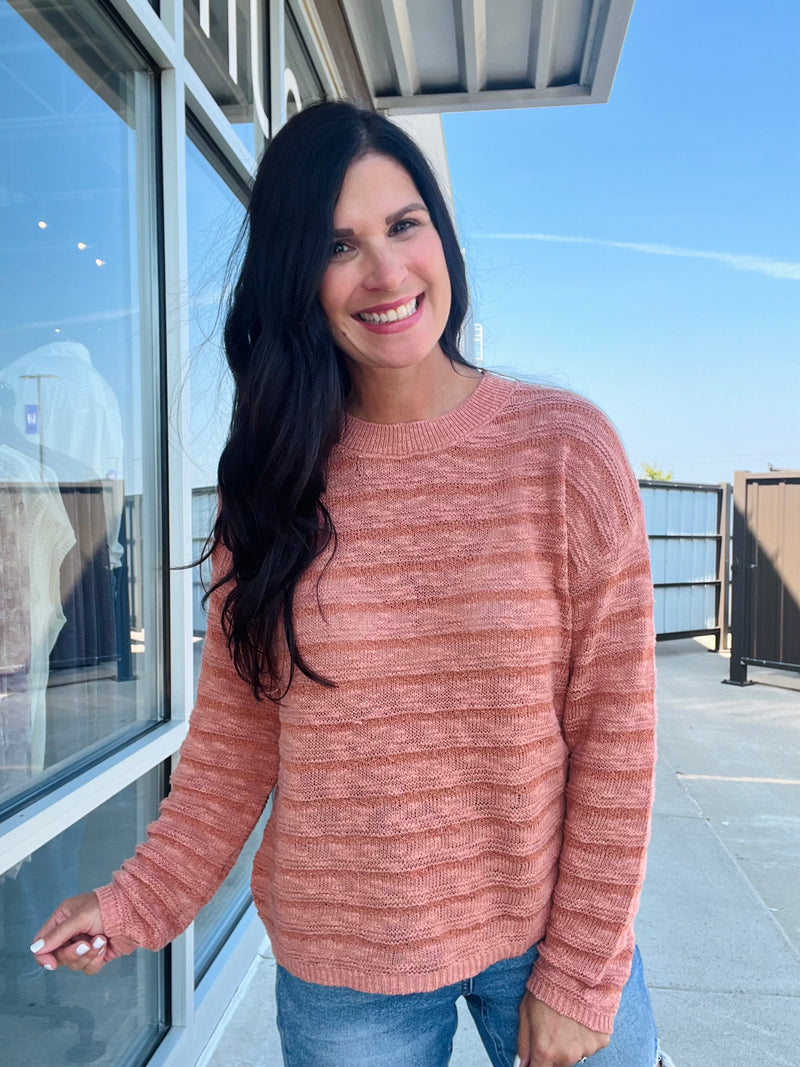 Textured Stripe Breezy Sweater - Terracota