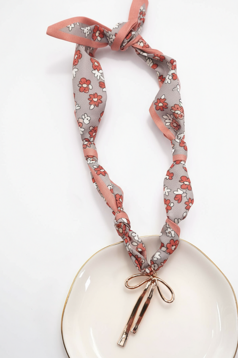 HANDMADE SCARF CHARM NECKLACE Gold Bow, Tan and Brown Scarf