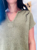 Split Neck Short Sleeve Knit Pullover - Light Olive