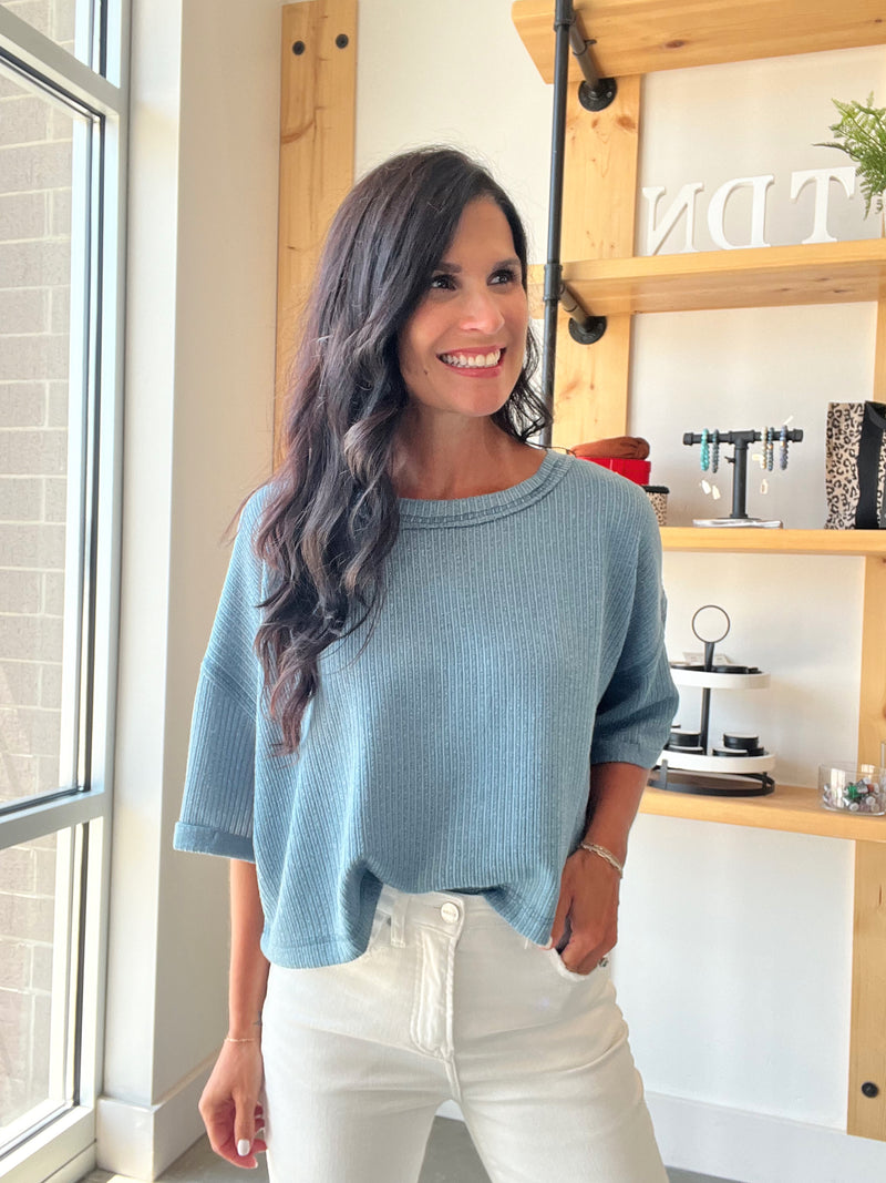 Short Sleeve Knit Crop in Dusty Teal