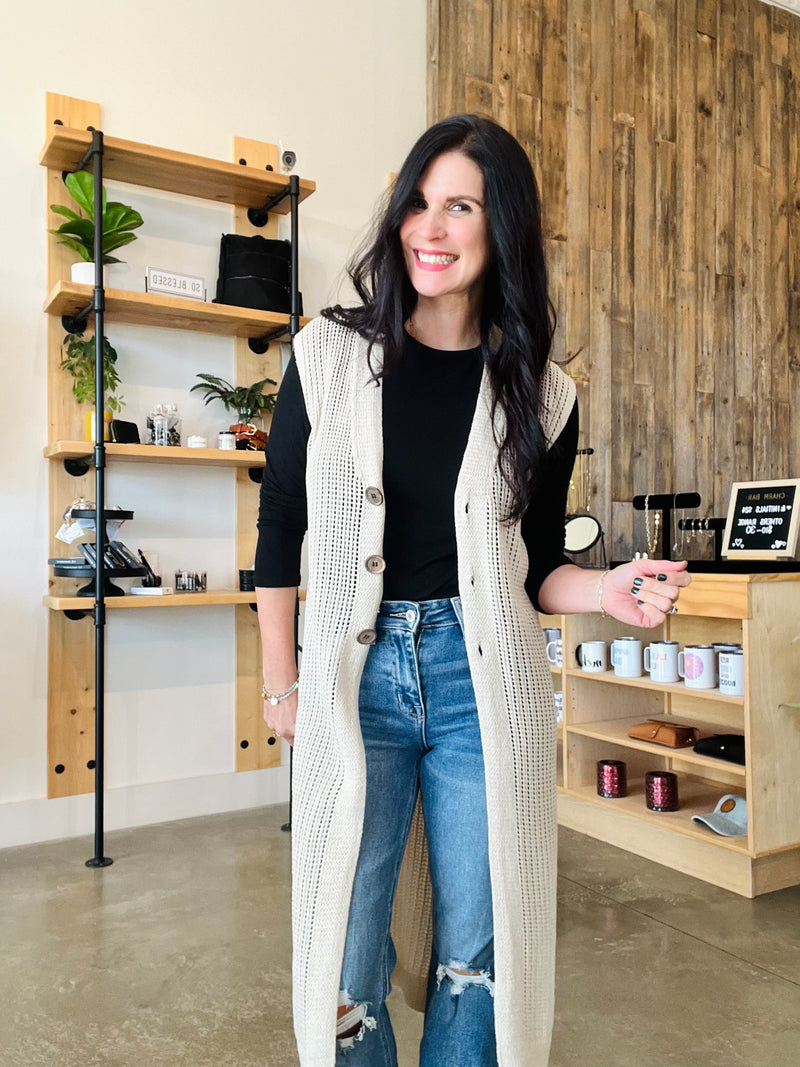 Long Line Open Knit Sweater Vest - Natural