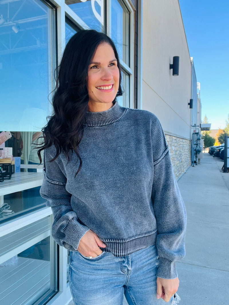 Washed Mock Neck Sweater - Navy