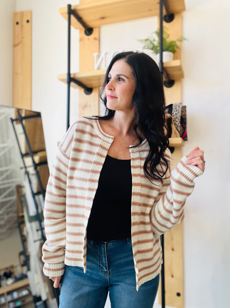 Striped Ribbed Cardigan in Mocha
