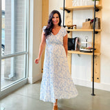 Floral V Neck Smocked Midi Dress - Blue Floral