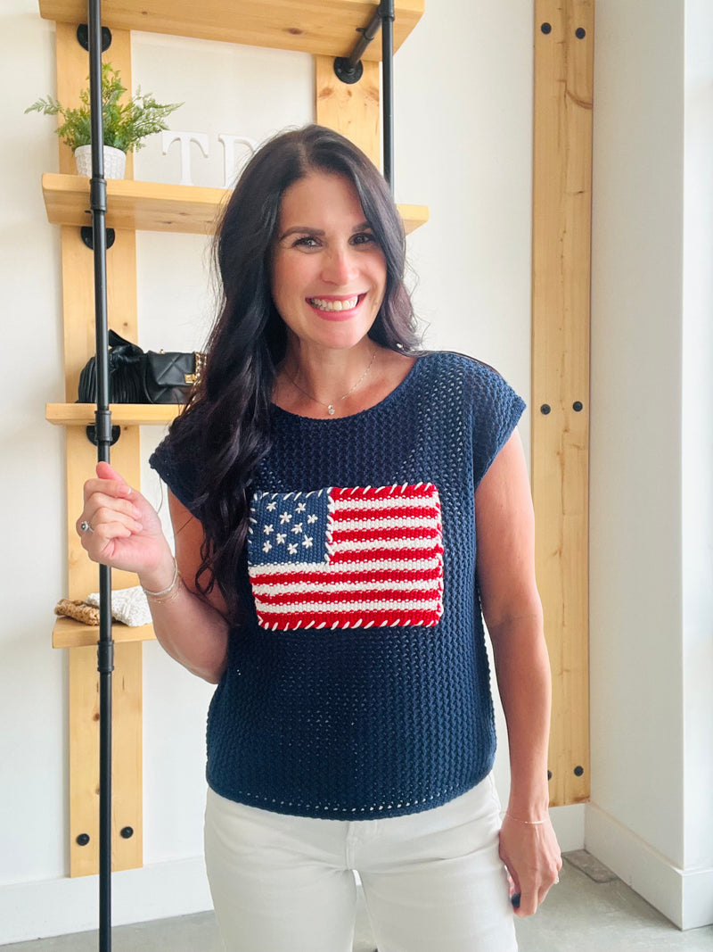 American Flag Crochet Sweater Top in Navy