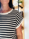 Striped Crochet Short Sleeve Top - Black