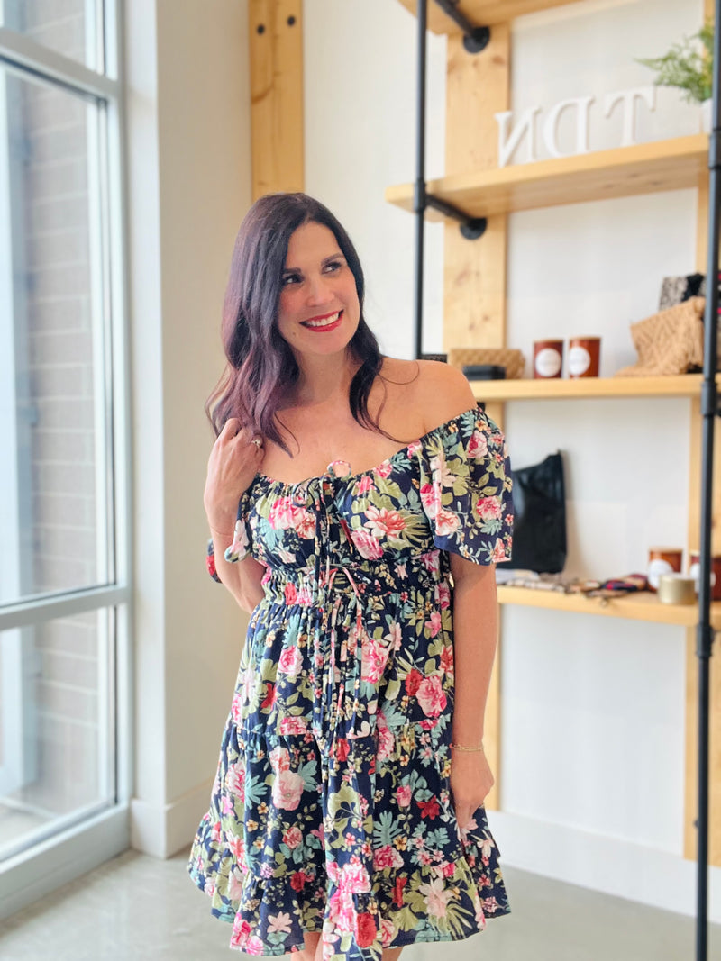 Floral Front Tie Tiered Mini Dress in Navy