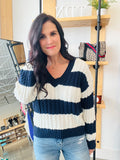 Stripe V Neck Cable Sweater - Navy
