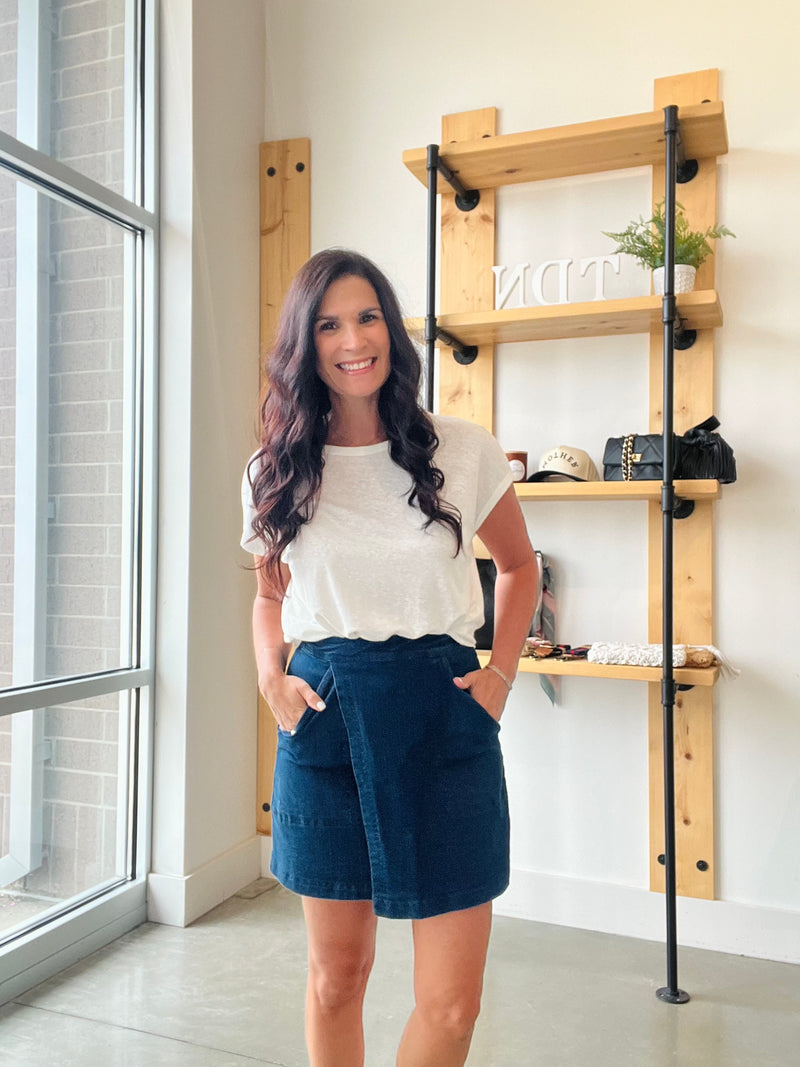 High Waist Wrap Denim Mini Skirt - Denim