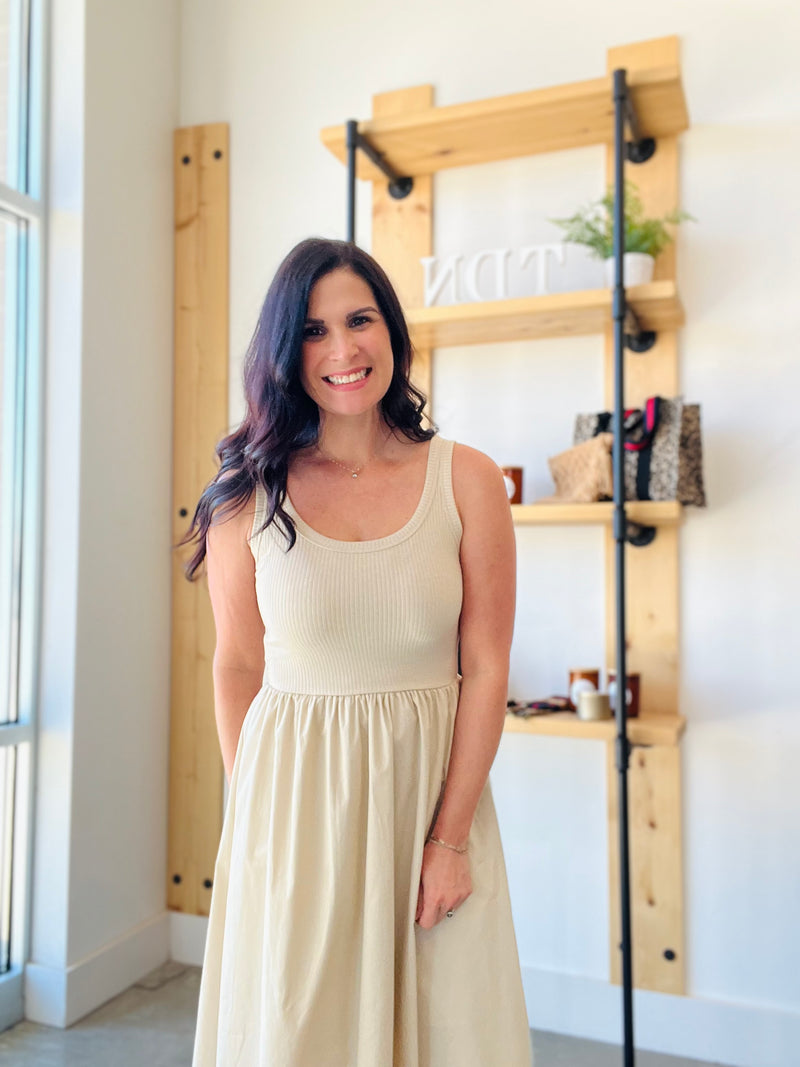 Mix Media Tank Midi Dress in Light Khaki