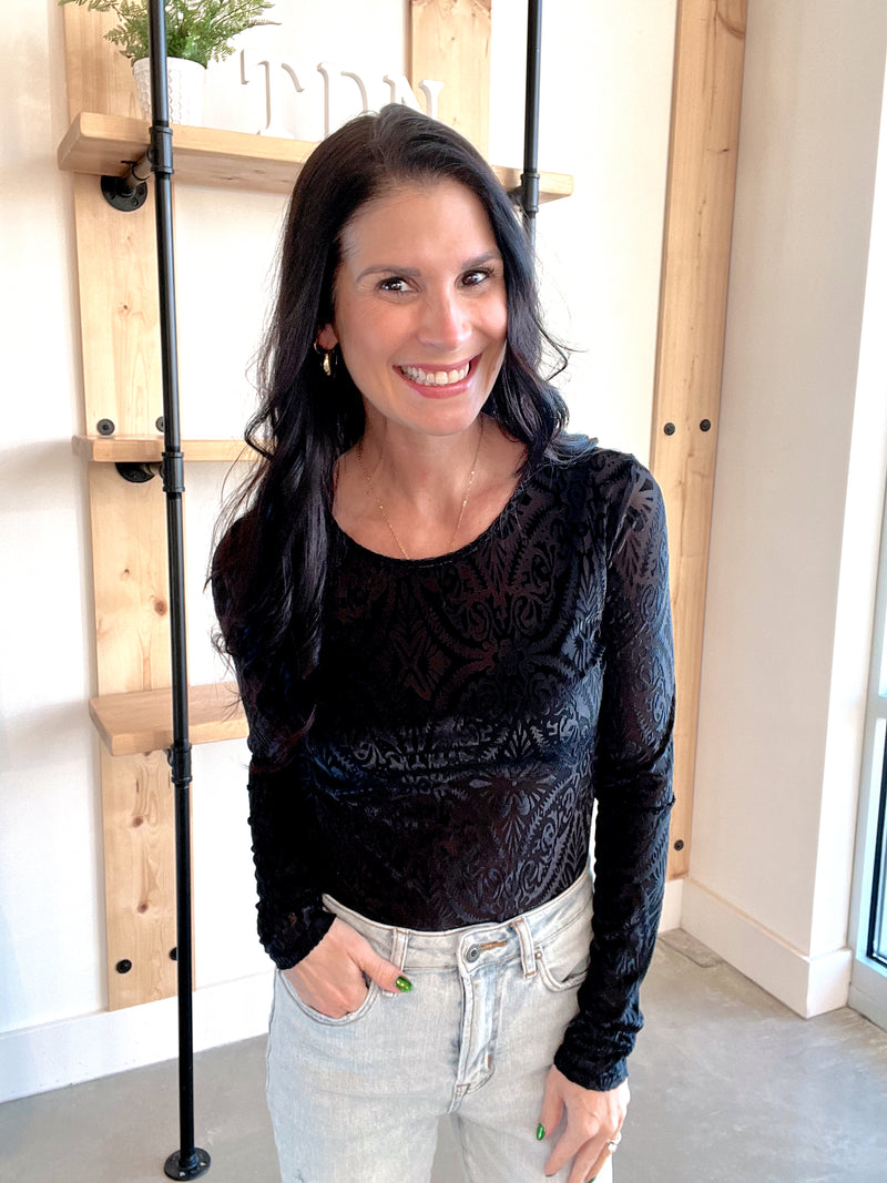 Mesh & Velvet Bodysuit in Black