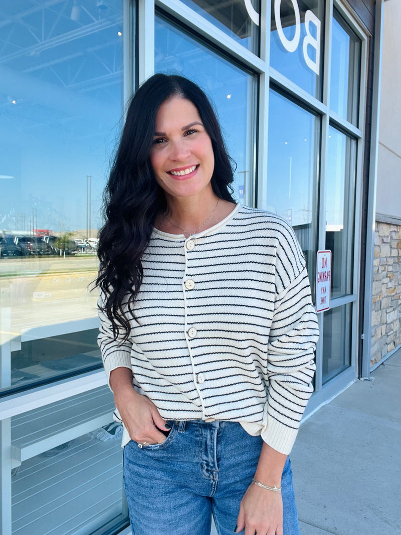 Stripe Button Down Cardigan - Cream