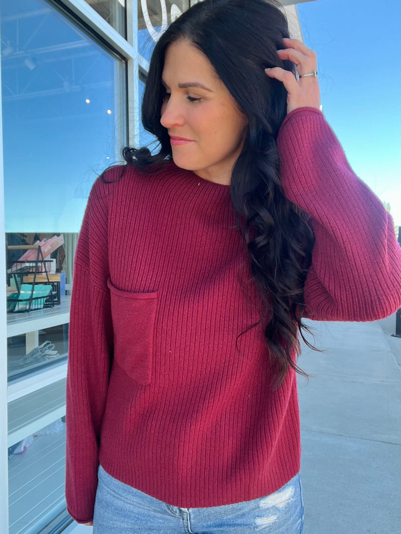 Mock Neck Pocket Detail Sweater - Burgundy