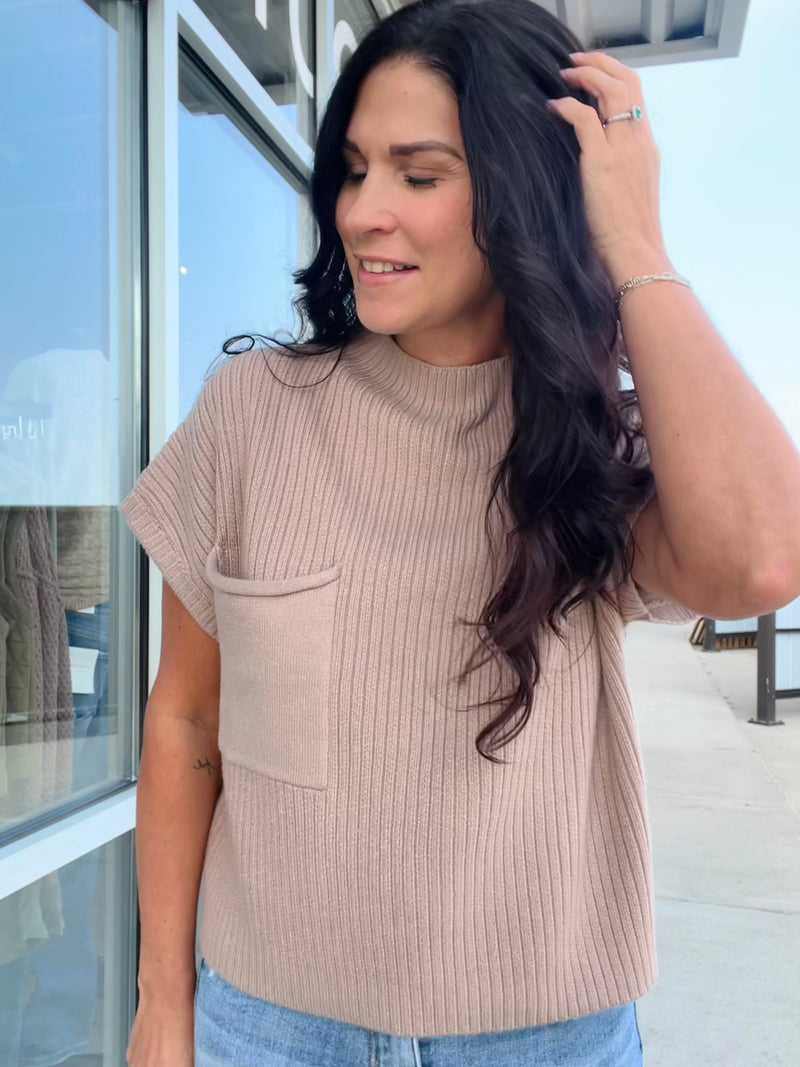 Mock Neck Pocket Detail Short Sleeve Sweater - Light Taupe