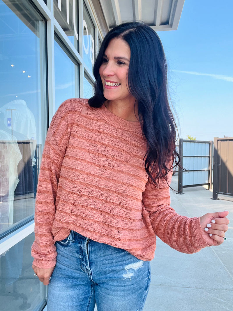 Textured Stripe Breezy Sweater - Terracota
