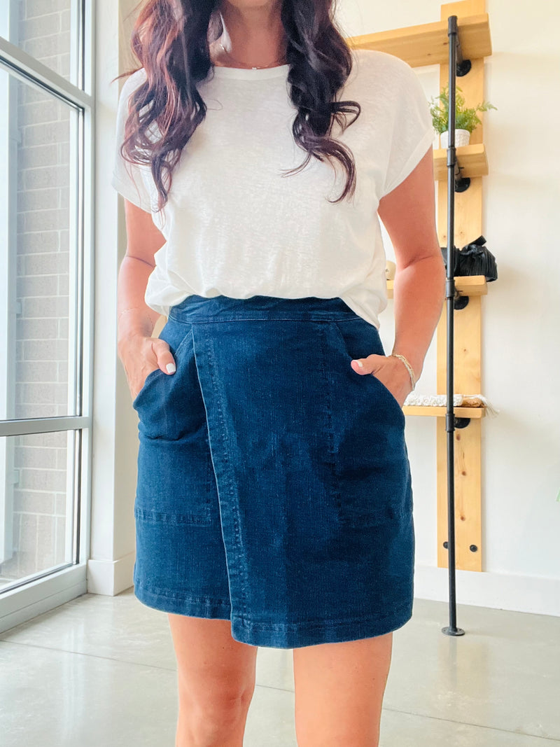 High Waist Wrap Denim Mini Skirt - Denim