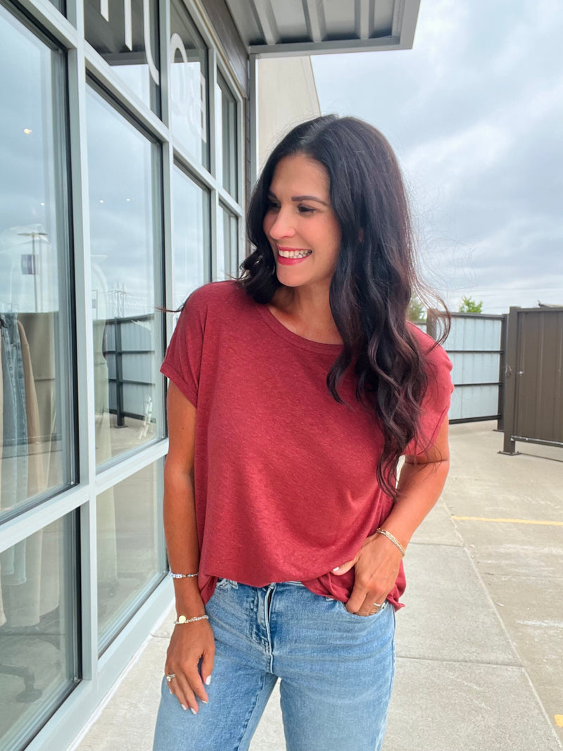 Linen Blend Cap Sleeve Boxy Tee - Wine