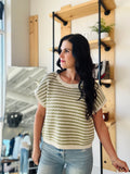 Striped Crochet Short Sleeve Top - Olive