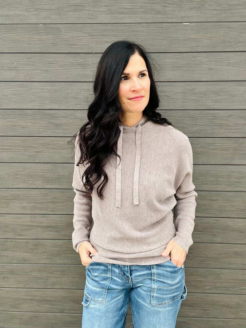 Mini Waffle Textured Pullover Hoodie - Mocha