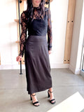 Satin Side Slit Midi Skirt in Black