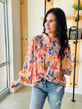 Apricot Floral Bubble Sleeve Top