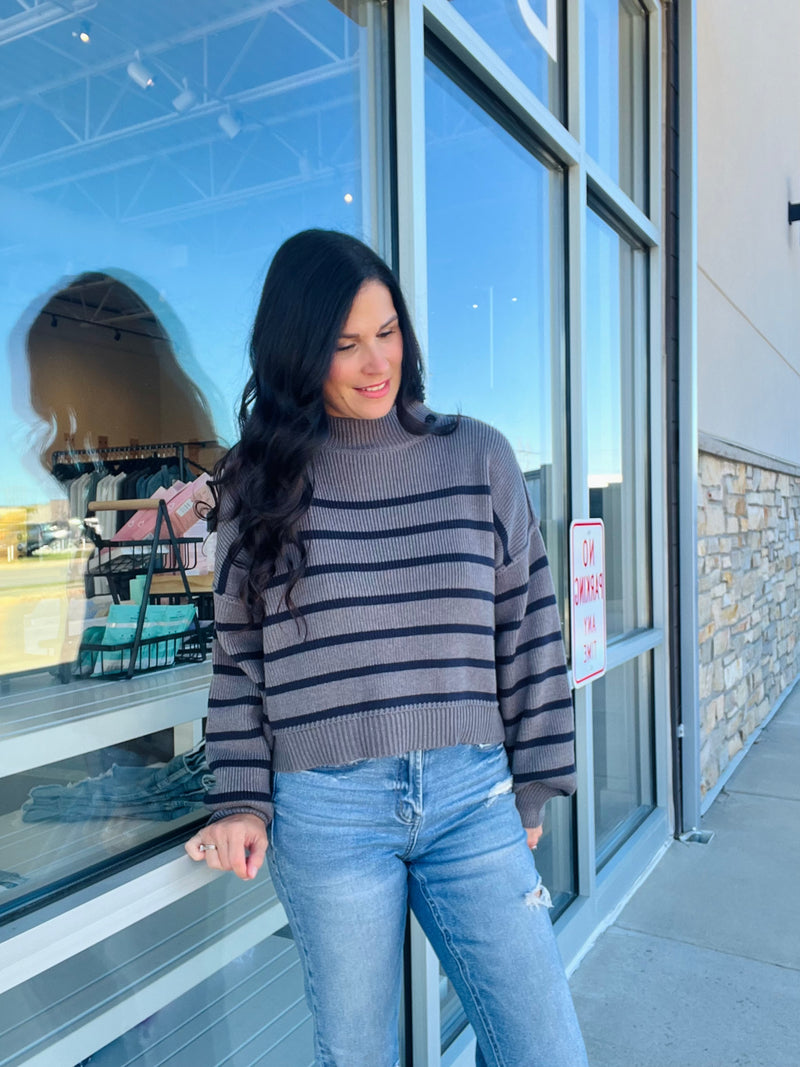 Stipe Mock Neck Drop Shoulder Sweater - Charcoal/Navy