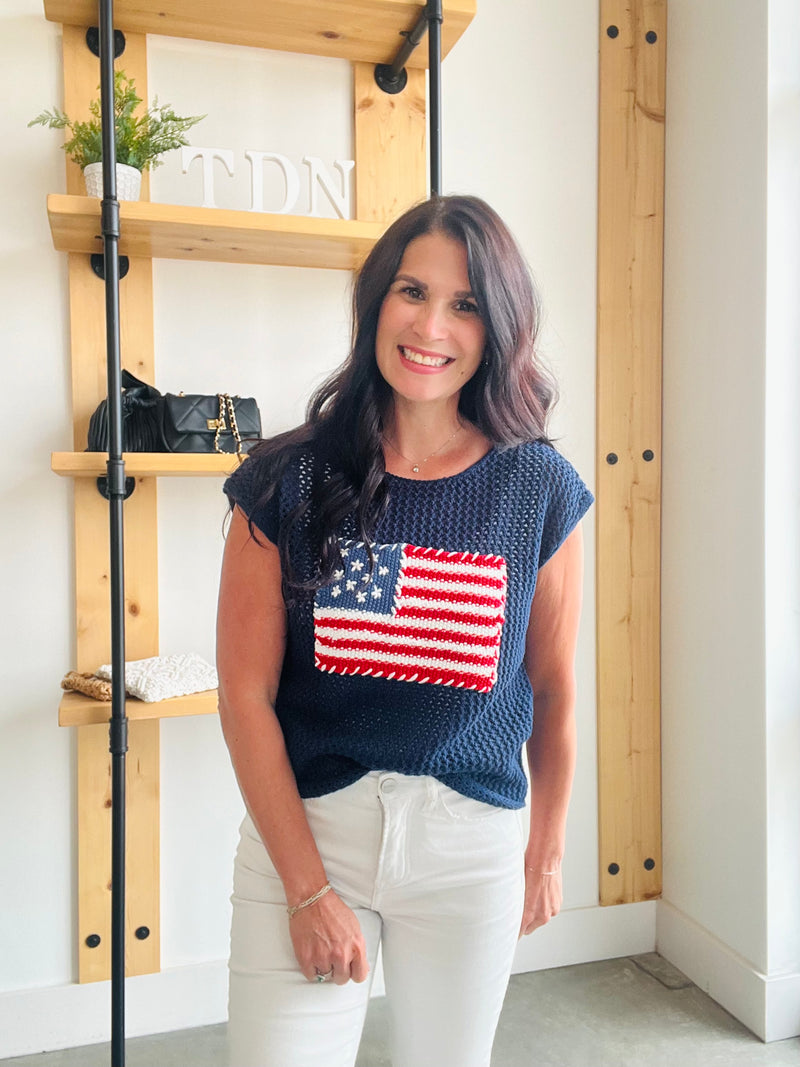 American Flag Crochet Sweater Top in Navy