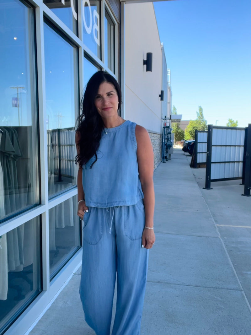 Drawstring Wide Leg Chambray Pant