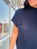 Mock Neck Pocket Detail Short Sleeve Sweater - Navy