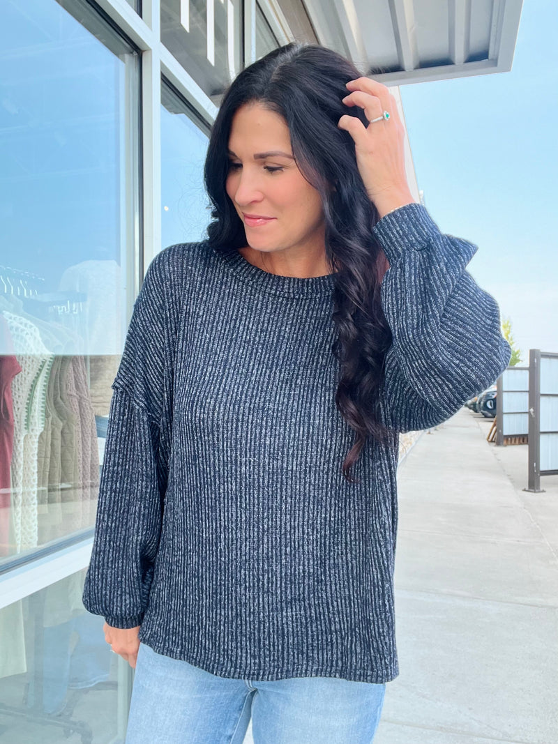 Marled Long Sleeve Ribbed Top - Navy