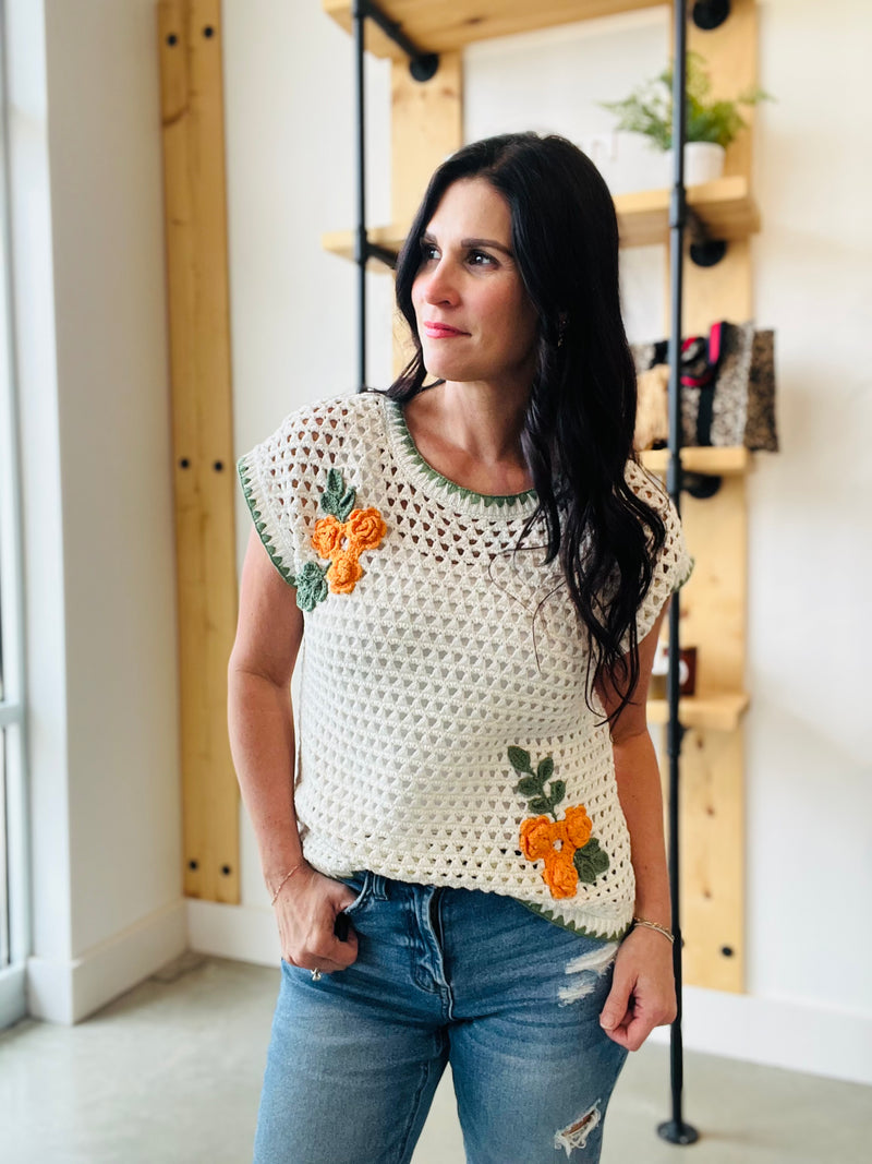 Rose Crochet Short Sleeve Sweater