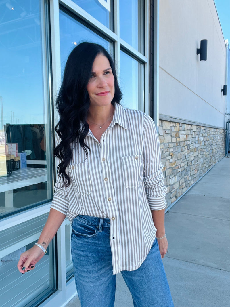 Stretchy Stripe Button Down Shirt - Mocha