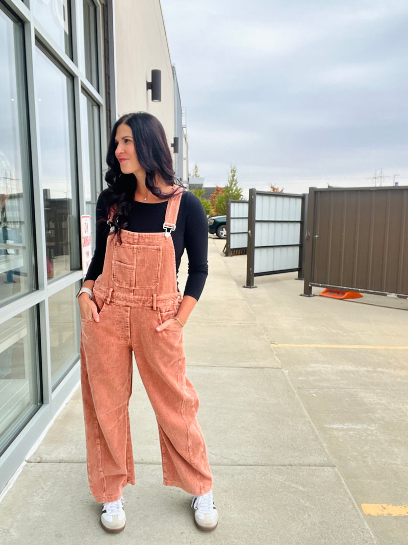 Corduroy Barrel Leg Overalls - Terra Cotta