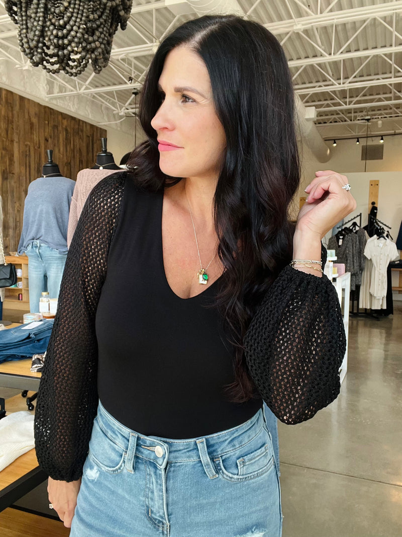 Body Suit with Lace Sleeves - Black