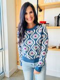 Flower Print Sweater in Denim Blue