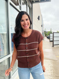 Stripe Button Down Short Sleeve Cardi - Chocolate