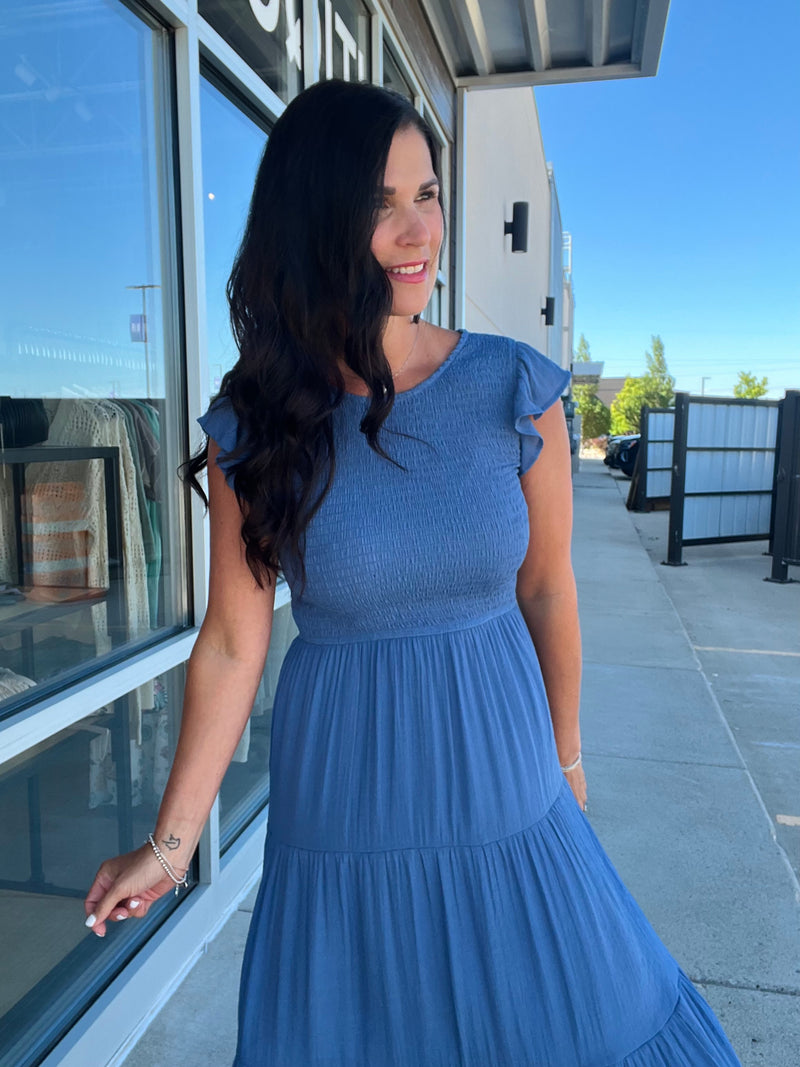 Smocked Tiered Midi Dress - Dusty Blue