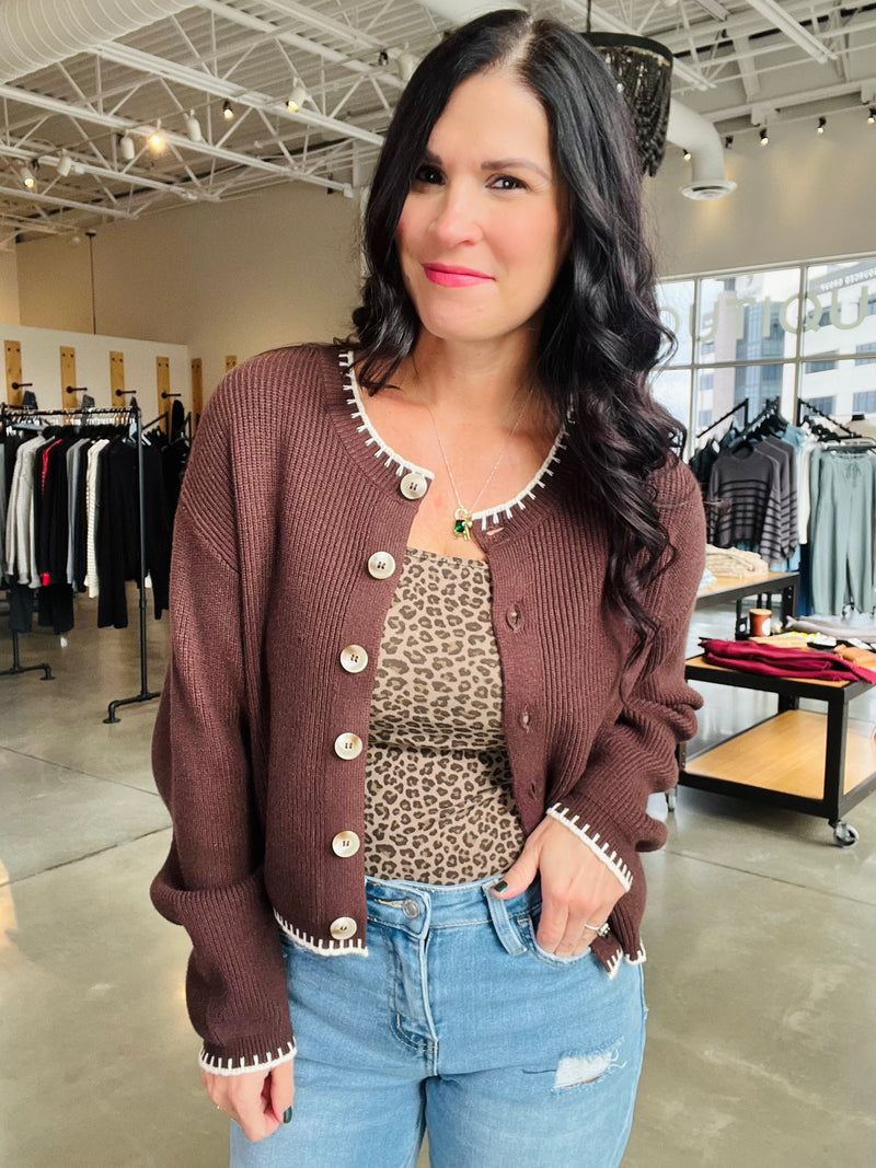 Contrast Stitch Cardi - Chocolate