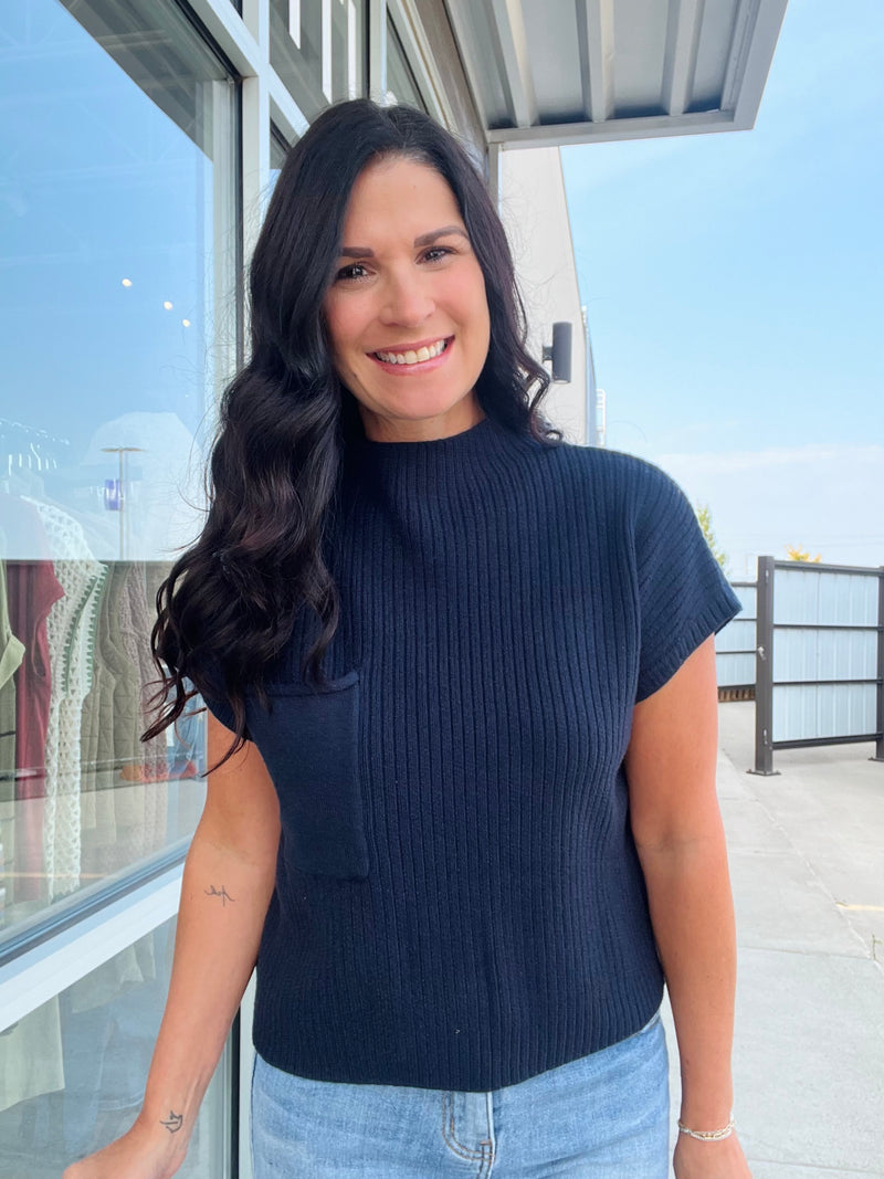 Mock Neck Pocket Detail Short Sleeve Sweater - Navy