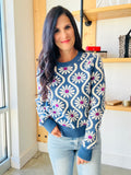 Flower Print Sweater in Denim Blue