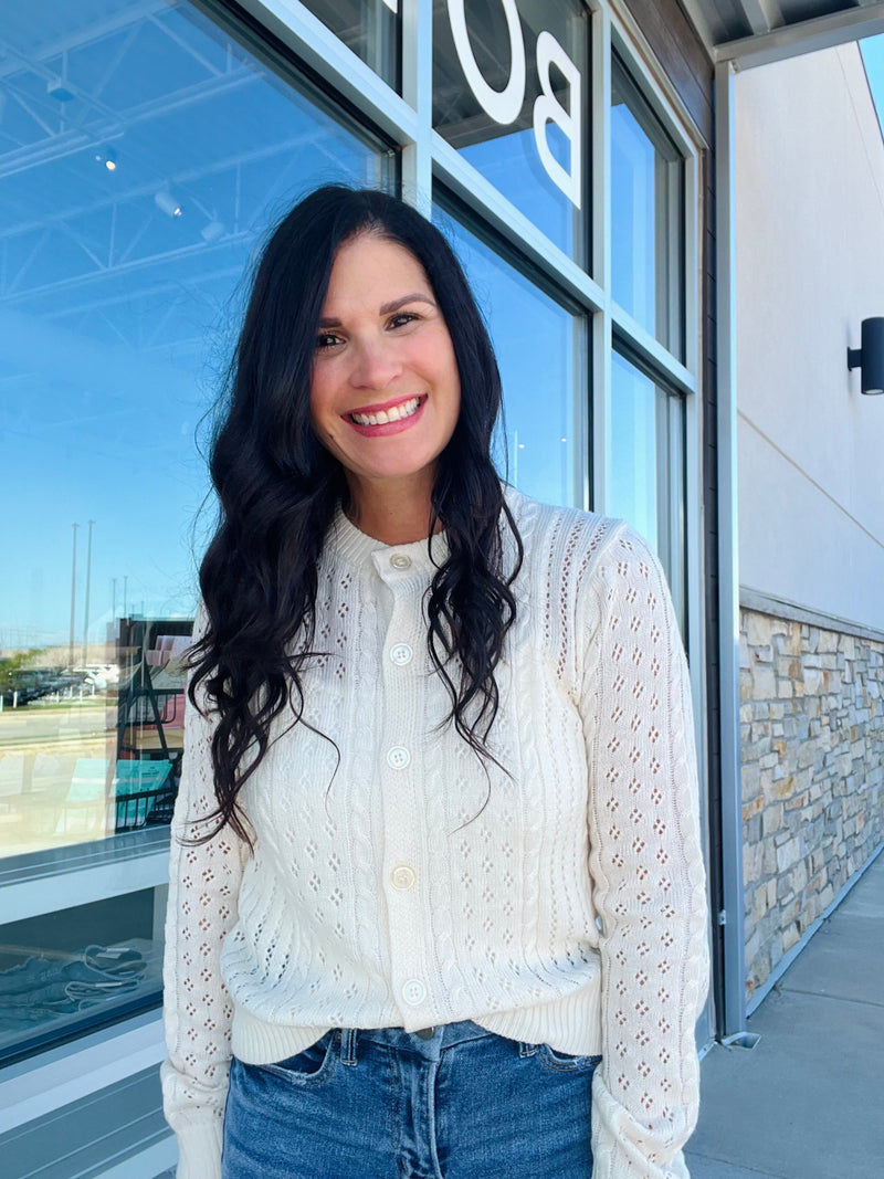 Sheer Cable Knit Button Down Cardi - Cream