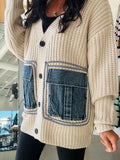 Oatmeal Cardigan with Denim Pockets