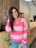 Stripe V Neck Cable Sweater - Pink